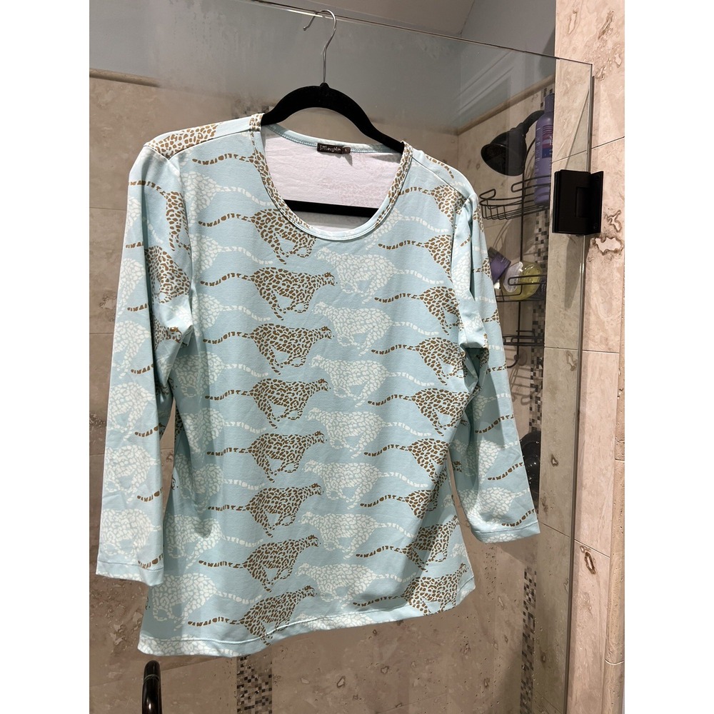 J. McLaughlin Smooth Stretch Signature 3/4 Sleeve Tee Top Leopard Blue Large